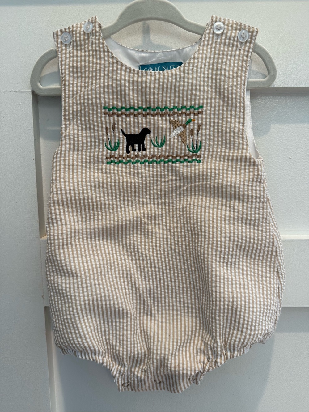 Children's Seersucker Bubble Romper with Duck Dog Embroidery
